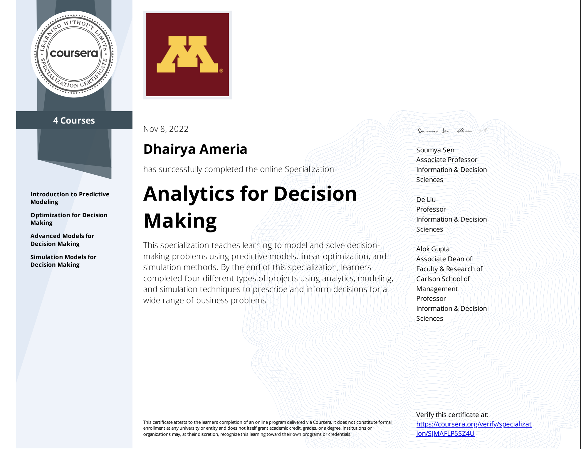 Analytics for Decision Making Certificate