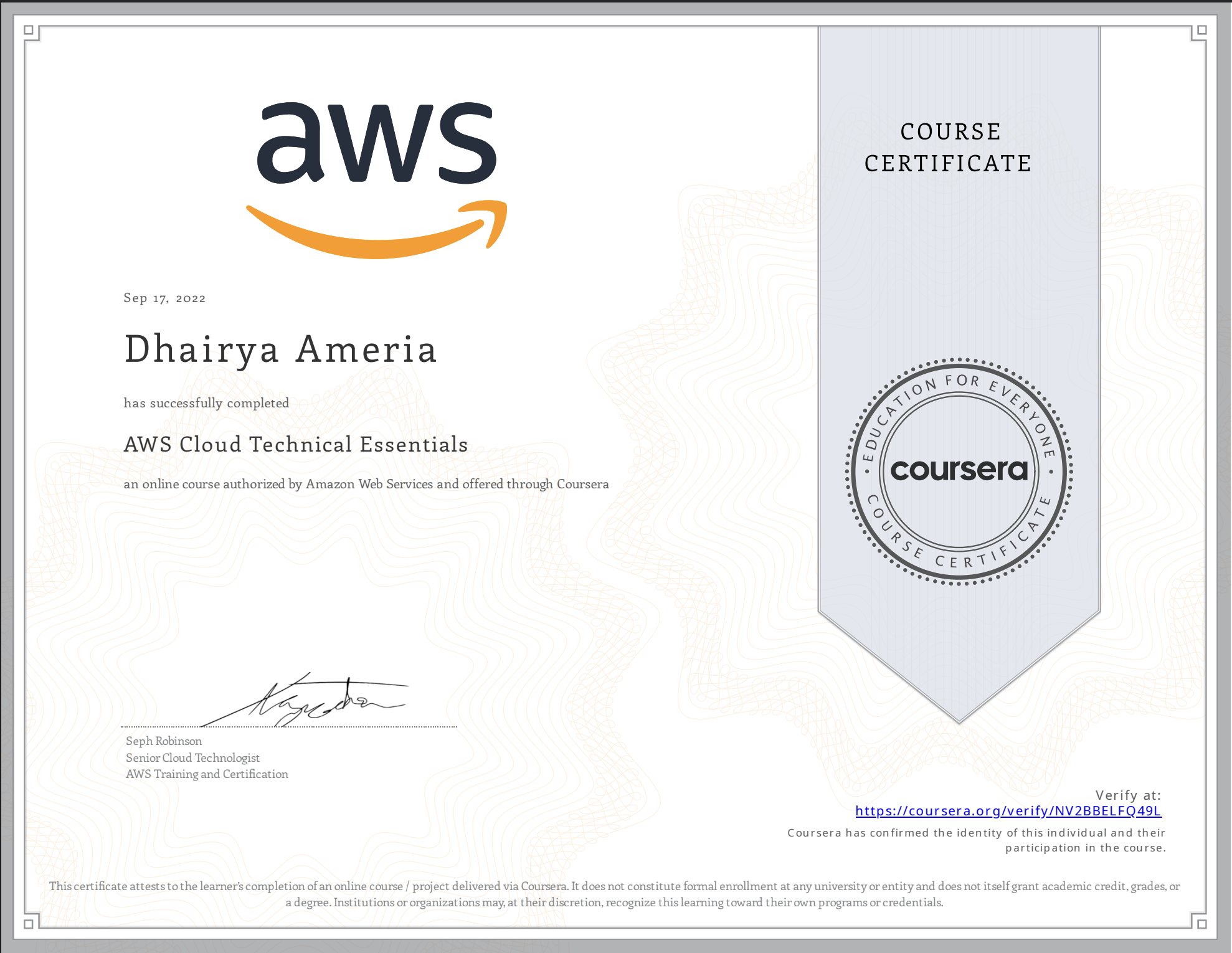 AWS Cloud Technical Essentials Certificate