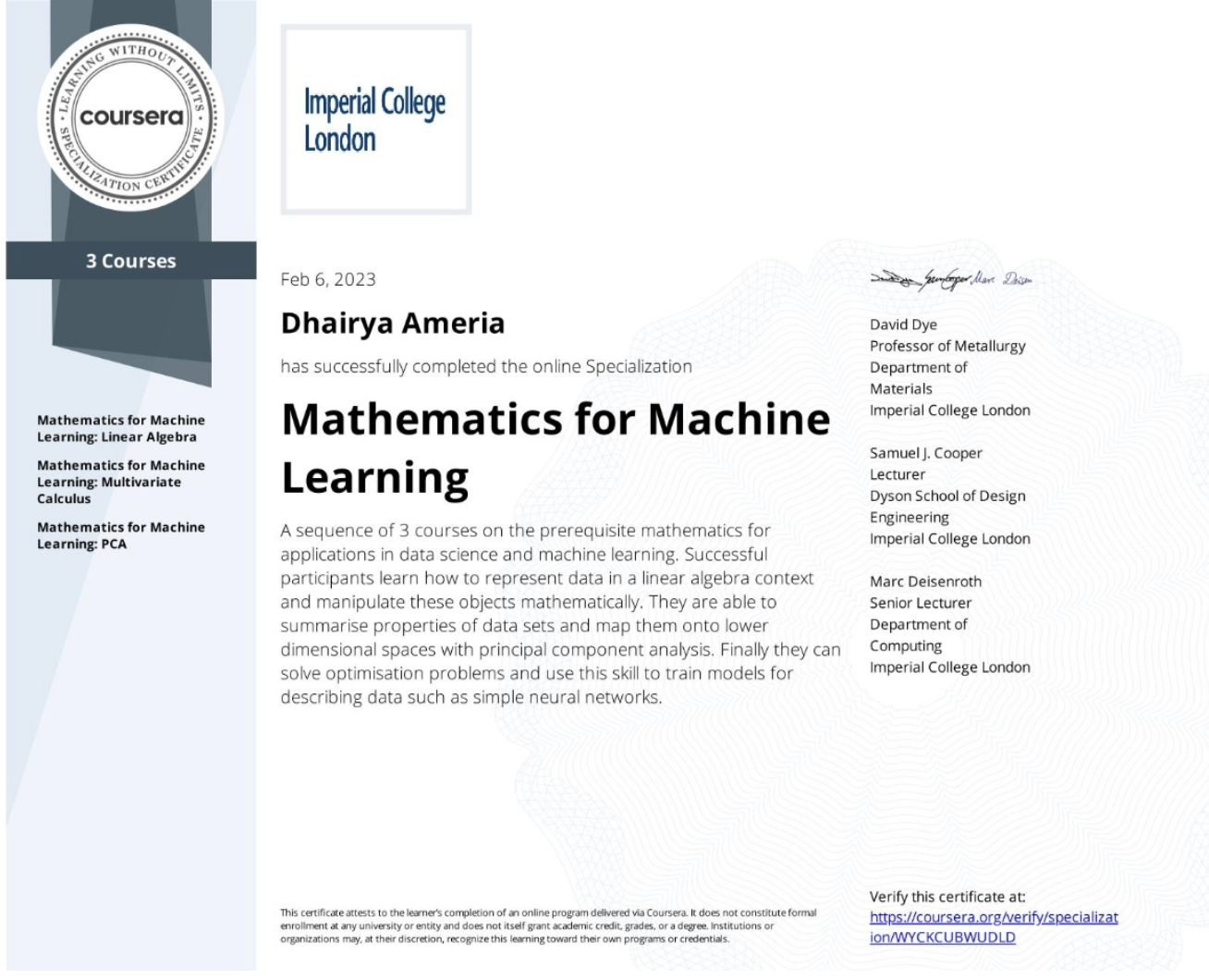 Mathematics for Machine Learning Certificate